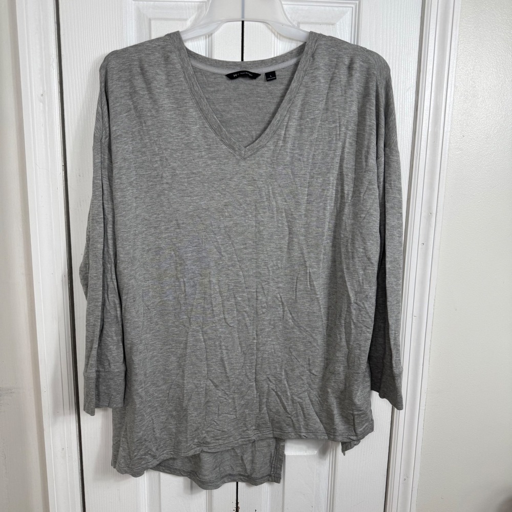 H by Halston V-Neck Tunic Top L Grey Asymmetrical Split Back Minimalist Style